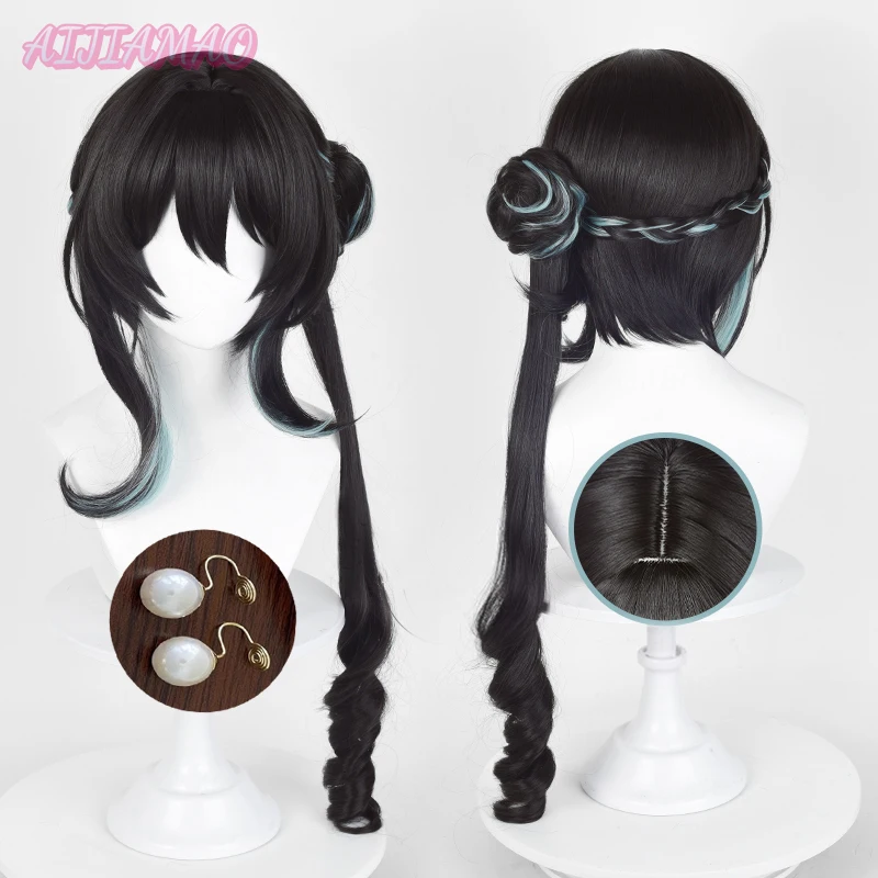 

RUAN MEL Cosplay Wig Game Honkai: Star Rail Long 70cm Black Highlights Cyan Bun Ponytail Wig Heat Resistant Hair Halloween Wigs