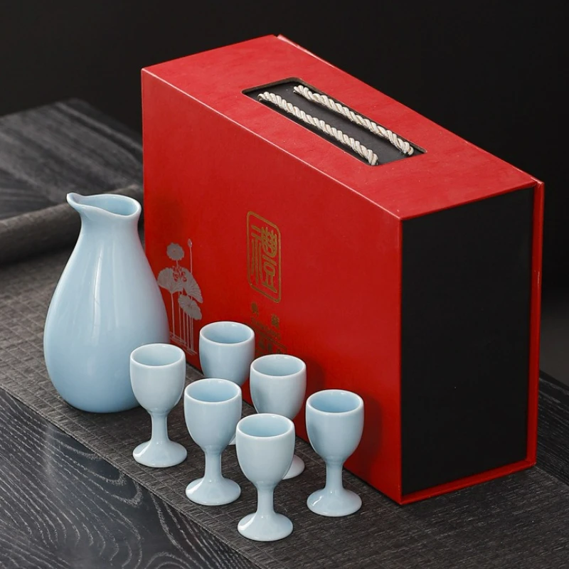 

Chinese Style Ceramic One Pot Six Cups Wine Set Home Kitchen Drinkware Wine Pot Wine Dispenser Bar Barware Baijiu Cup Gift New