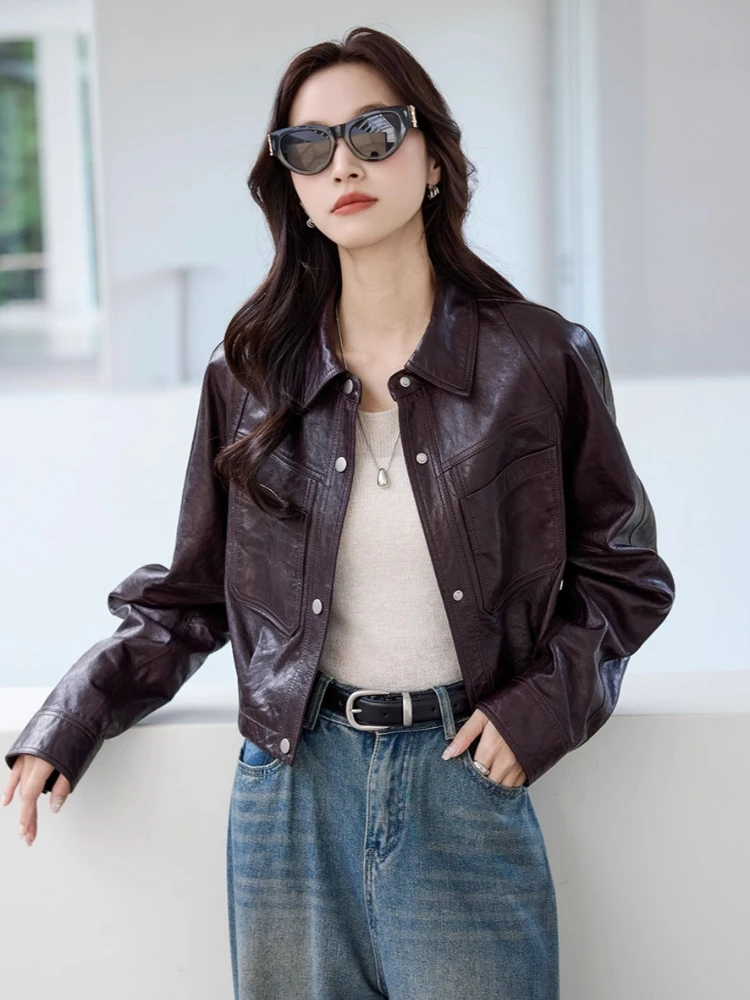 سترات كاجوال قصيرة من الجلد الطبيعي للدراجات النارية للنساء لربيع الخريف معطف من جلد الغنم الحقيقي البسيط والصلب والزيت