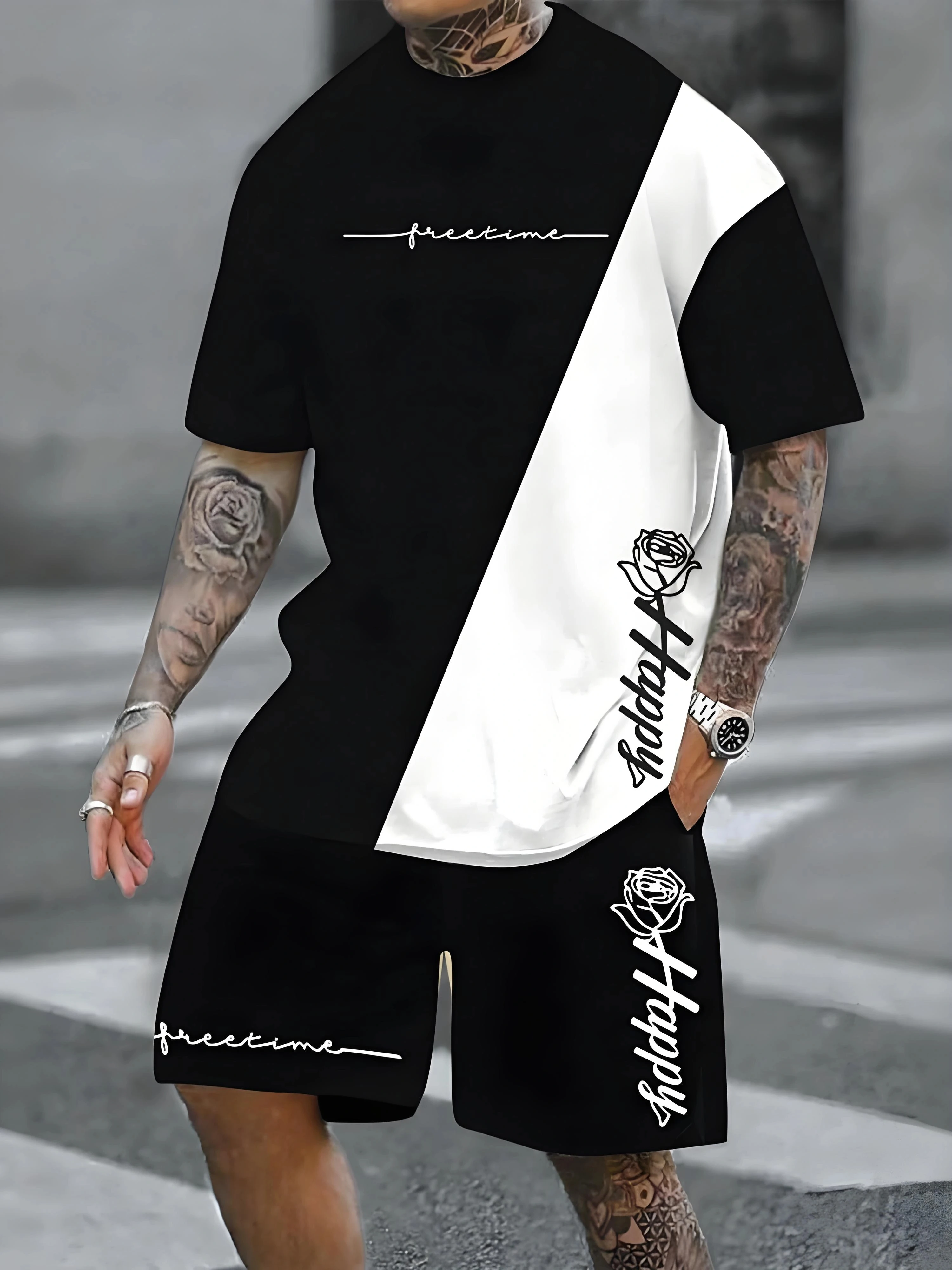 

2-piece Set Apparel Color-Blocked Design Pattern Printed Breathable Summer Man Sports Short Sleeve Top Casual Loose Shorts Set