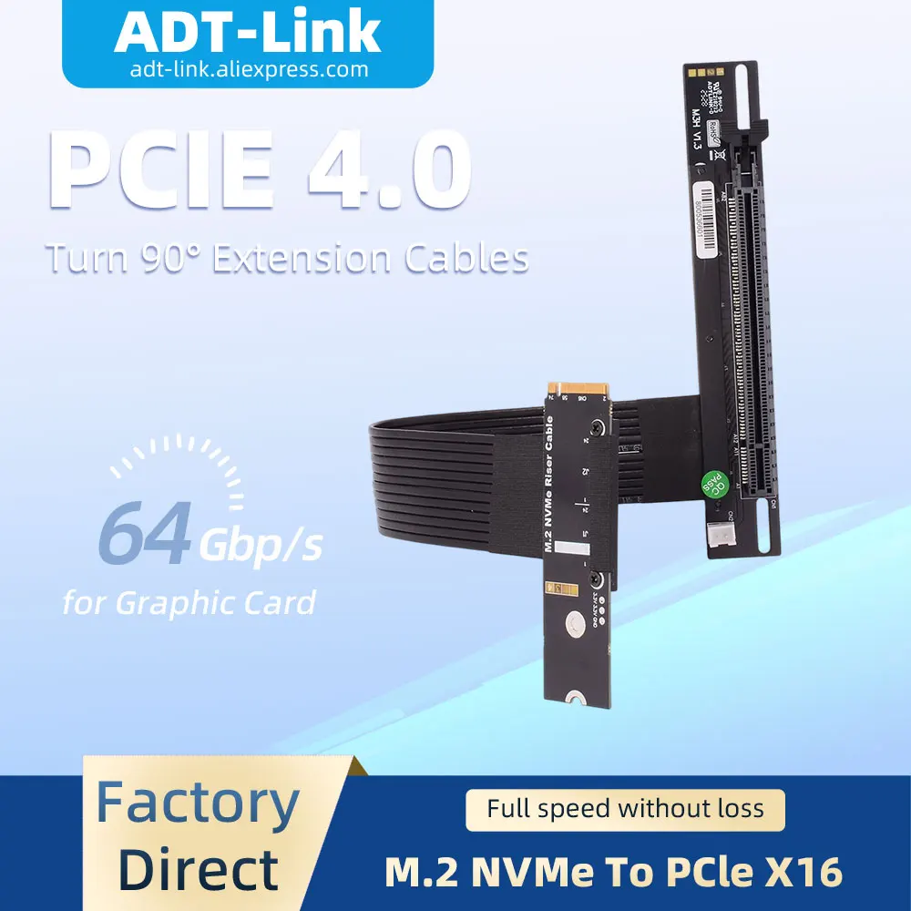 

ADT-Link PCI-E 4.0 M.2 NVMe To PCle X16 Гибкий удлинитель M Key SSD Riser Видеокарты Удлинительный кабель-адаптер для графического процессора Полная скорость