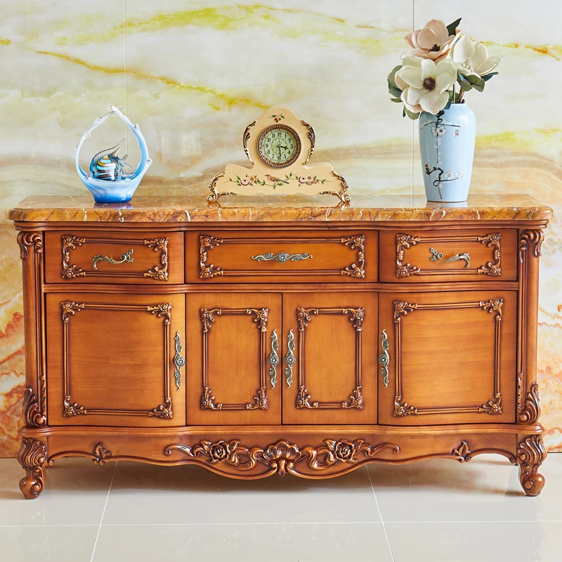 Marble sideboard, American restaurant, solid wood storage cabinet, carved bowl cabinet, luxurious wine cabinet