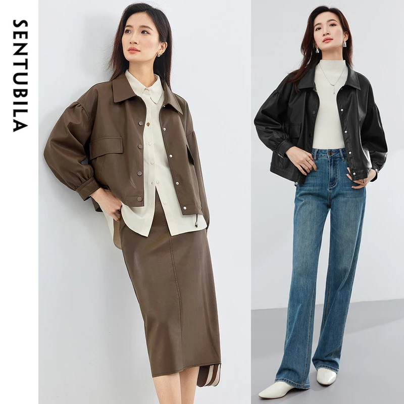 

SENTUBILA Leather Jackets Women 2025 Autumn Simple Fashion Office Lady Lantern Sleeve Tum-Down Collar Jackets Female W33G52538