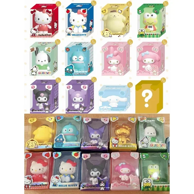 Sanrio personajes Mini-tamaño caja ciega juguetes lindo Hello Kitty Pochacco Pom Purin Kuromi rollo de canela modelo juguetes regalos