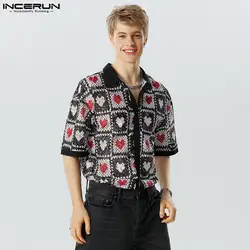 2023 Men Shirt Print Lace Patchwork See Through Lapel Short Sleeve Fashion Button Men Clothing Streetwear Camisas S-5XL INCERUN