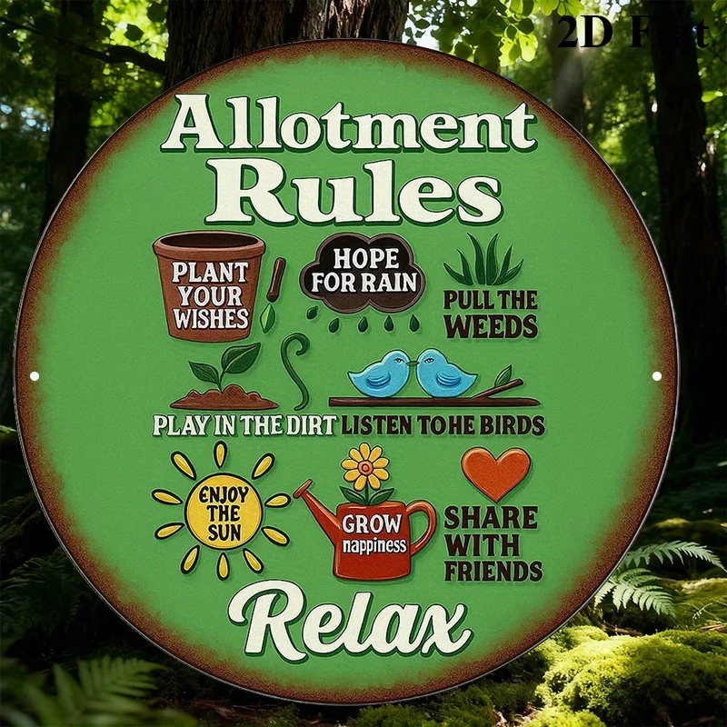 2D Flat, 1pc 8-Inch Round Vintage Garden Rules Sign - Allotment & Plot Regulations Plaque, Durable Aluminum Farmhouse Decor