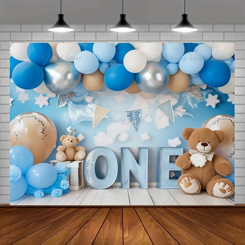 Blue Balloon Happy Birthday Bear Background Cloth Suitable For Birthday Party Baby Shower Holiday Decoration Photo Props