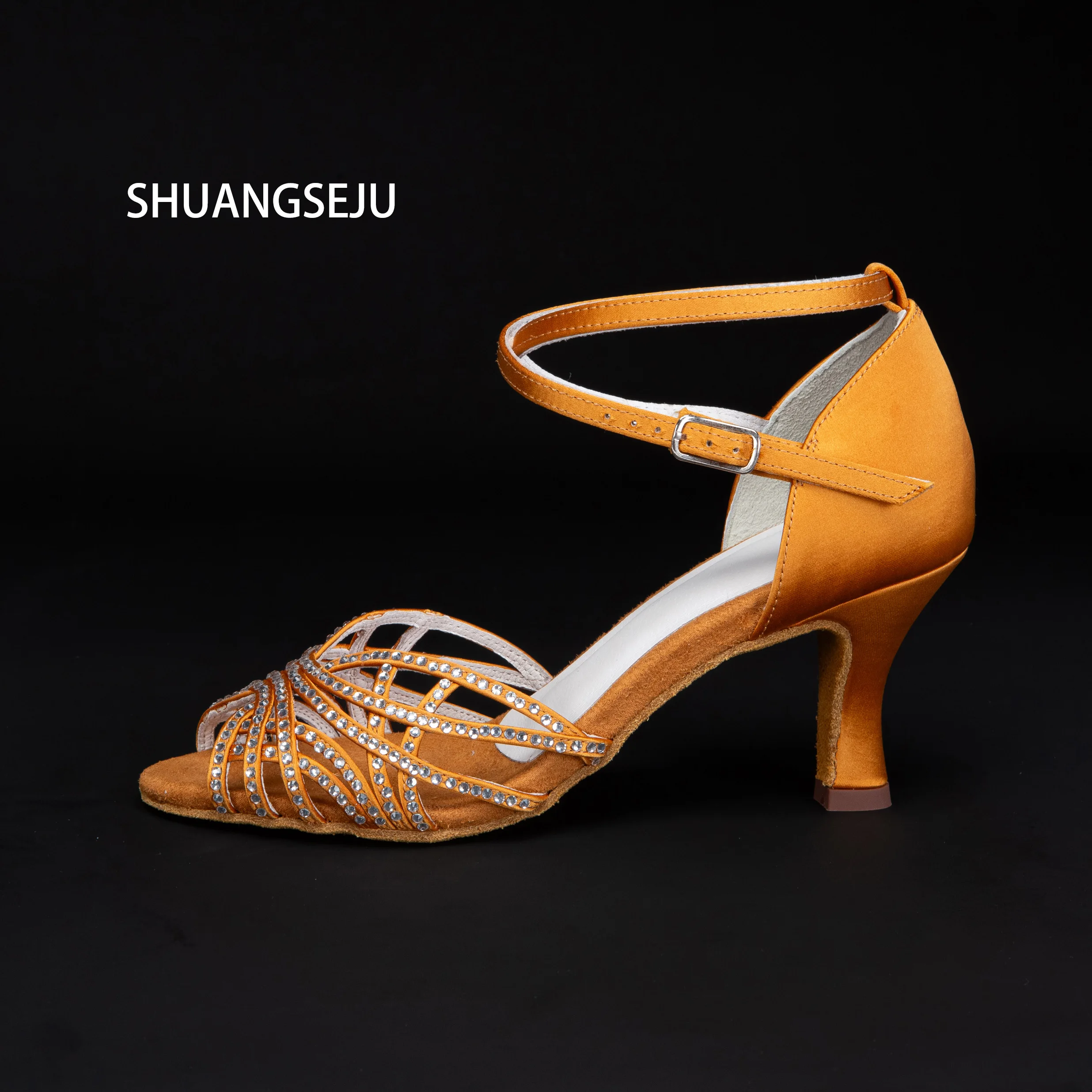SHUANGSEJU High-quality satin shiny rhinestone Latin dance shoes, professional cha-cha Salsa Bachata dance shoes with soft soles