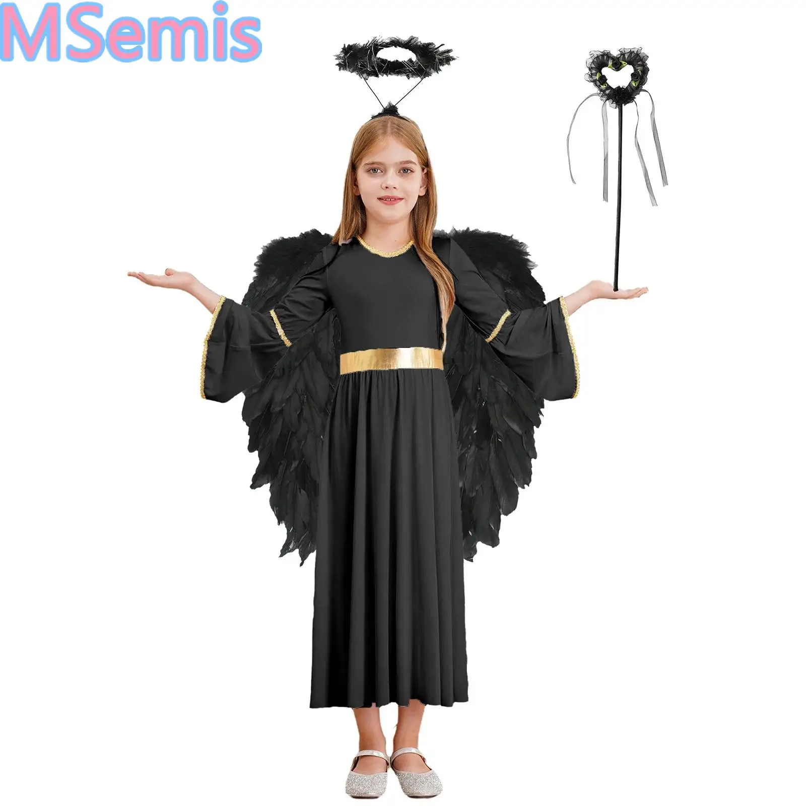 

Girls Angel Cosplay Dress Set with Feather Angel Wings Headband And Fairy Sticks Set Halloween Party Performance Costume