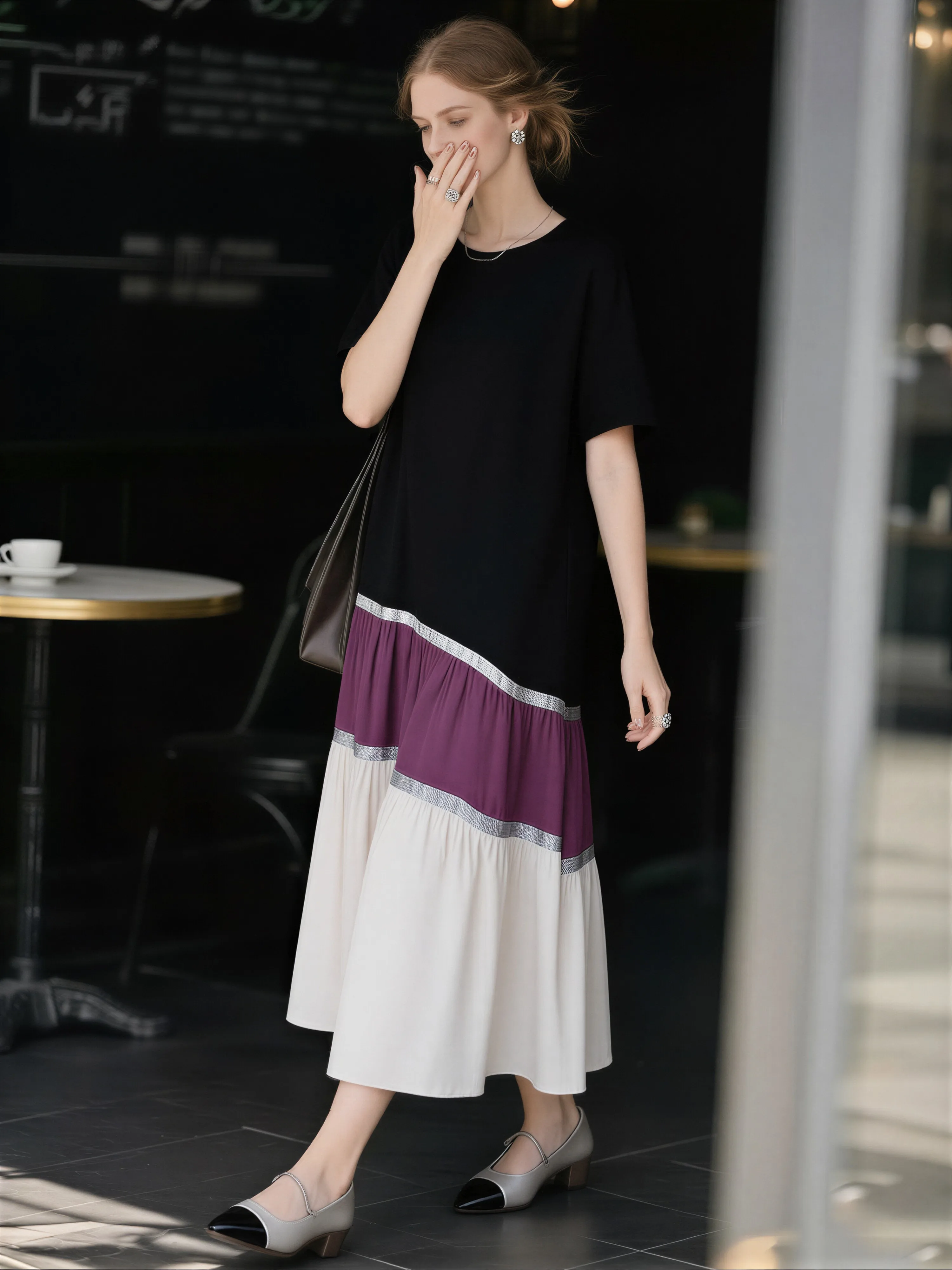 Women's 2026 Summer New Fashion Comfort Dress Ladies Contrast Color Splicing Dresses Women's Loose Simple Medium Long Dresses