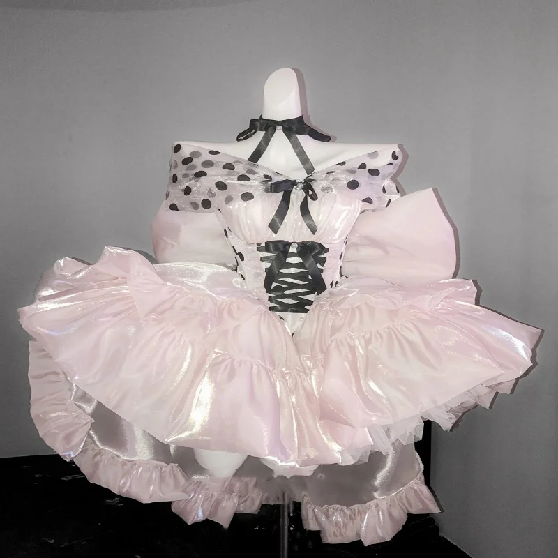 달콤한 소녀 공주 생일 파티 드레스 핑크 도트 오프숄더 하이웨이스트 큰 리본 트레일링 퍼피 미니 로리타 이브닝 드레스