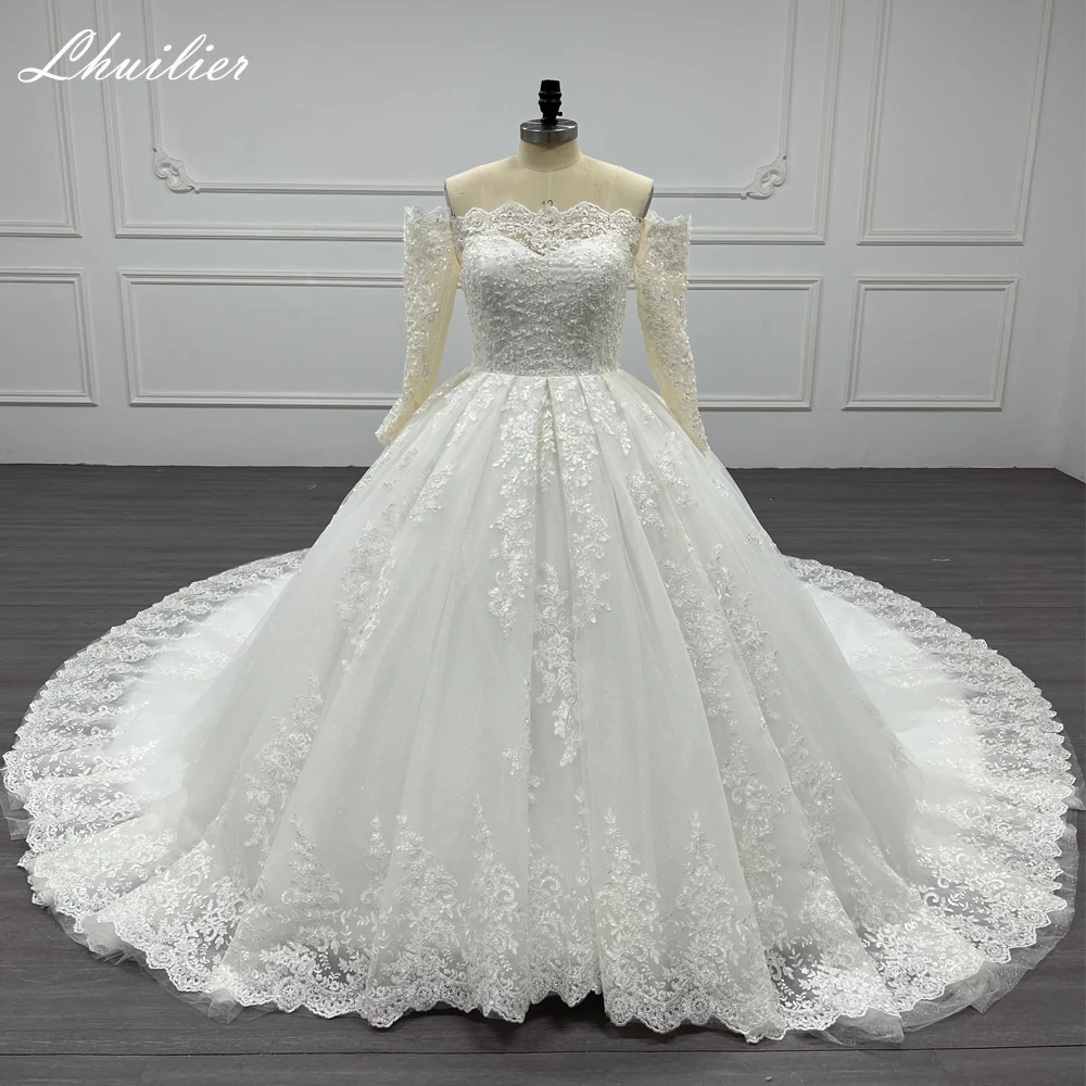 Lhuilier Boat Neck Ball Gown Lace Wedding Dresses Floor Length Long Sleeves Beaded Bridal Gowns with Cathedral Train