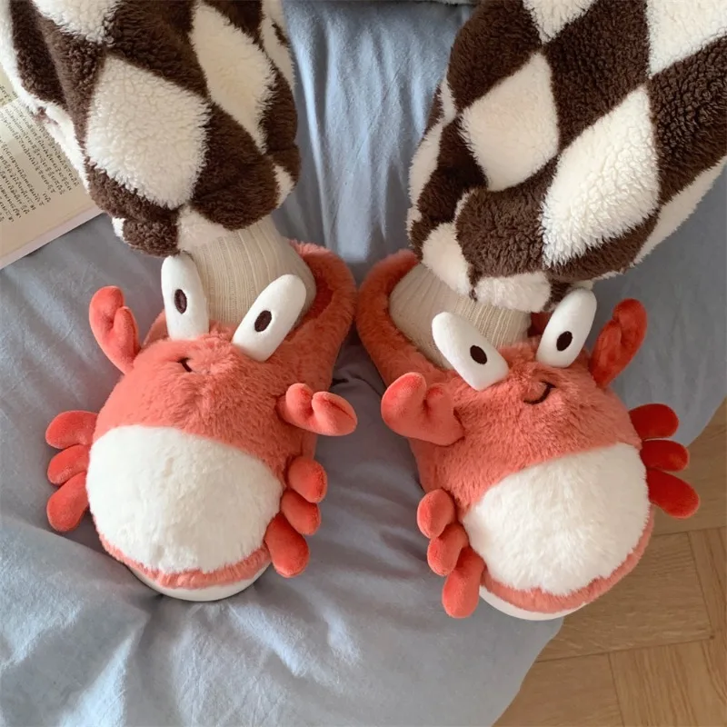 Fun cartoon crab autumn and winter warm home cotton slippers ladies creative personality new plush soft bottom moon shoes