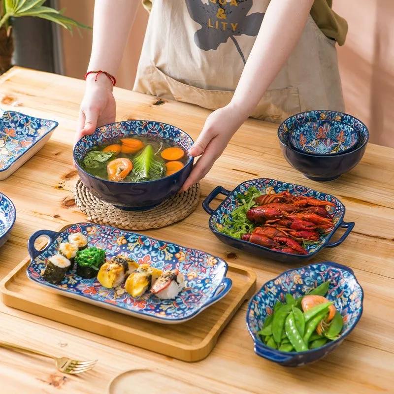 Bohemia Ceramic Rice Bowl Serving Plate Creative Ceramic Cutlery Soup Noodle Bowl Household Handle Bowl Sauce Dish