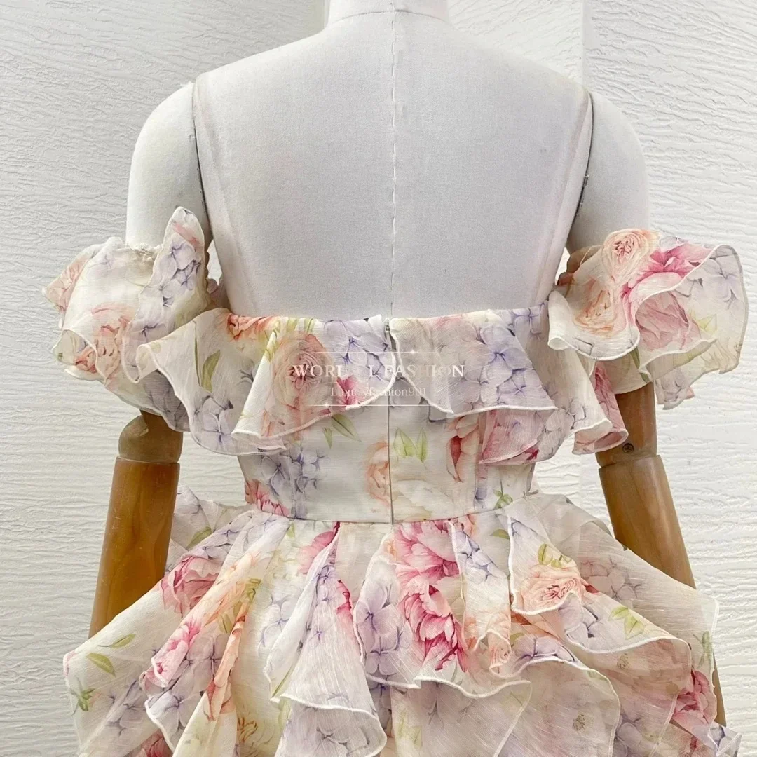 2025 New Hot Linen Collection Violet Purple Flowers Print Short Sleeve Ruffles Hem Mini Dress for Women