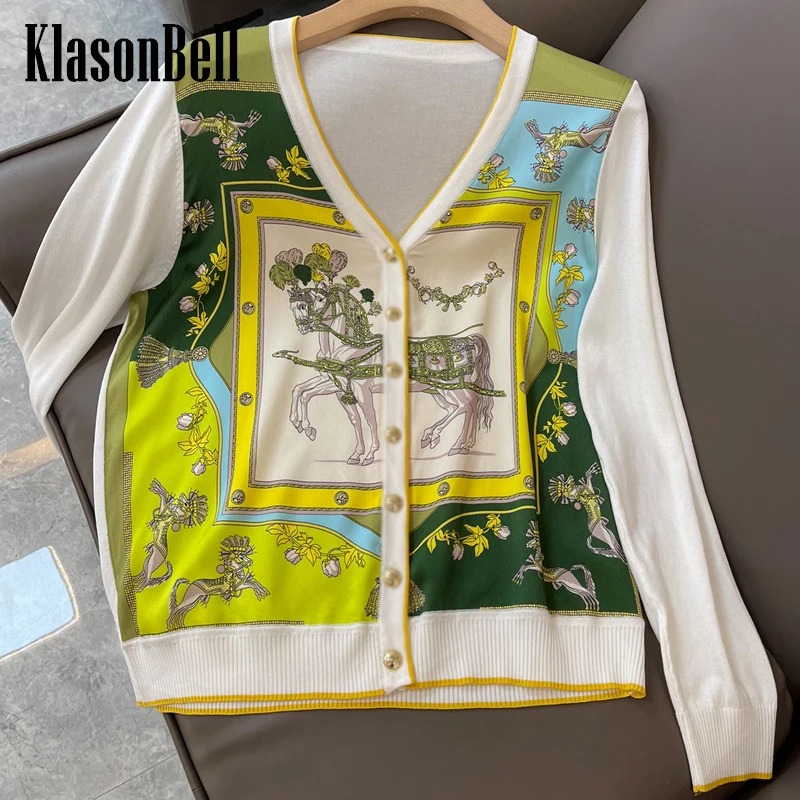 3.7 KlasonBell 2024 New Fashion Vintage Silk Print Spliced Wool Knit Long Sleeve Cardigan Coat Women Clothes