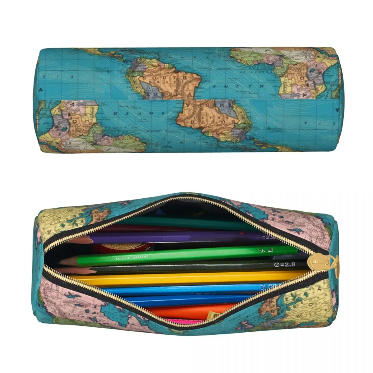 Vintage Map Print Round Pencil Case The World 1897 Stationery Simple Leather Pencil Box Teenager Zipper Pen Bag