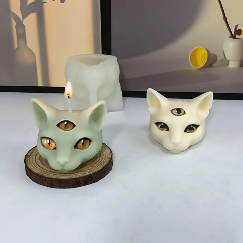 3 つの目猫ヘッドシリコーンキャンドルモールド 3D 動物石鹸石膏樹脂