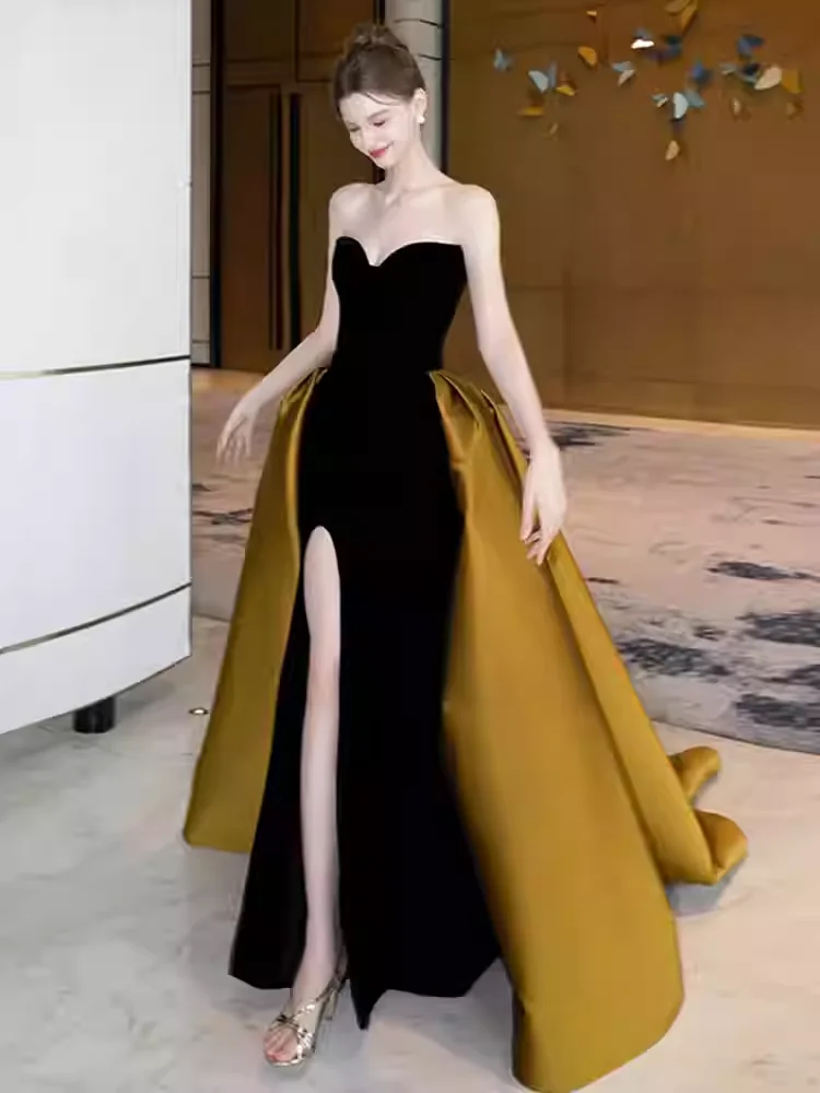 

Light Luxury Princess Evening Dresses Black Strapless Side Slit Slim Prom Dress Women Cocktail Party Formal Occasion Dress 2025