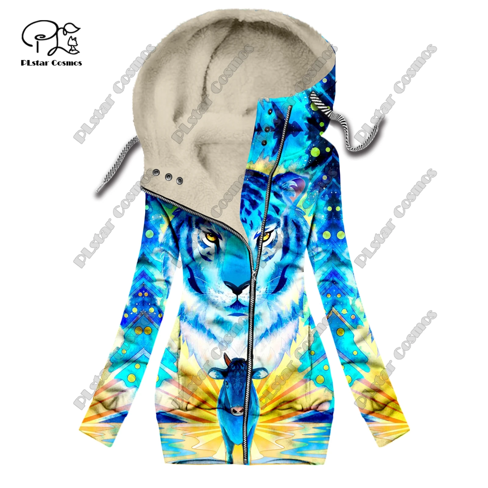 New 3D printing animal series tiger pattern velvet warm women's long zipper hoodie jacket commuting casual winter