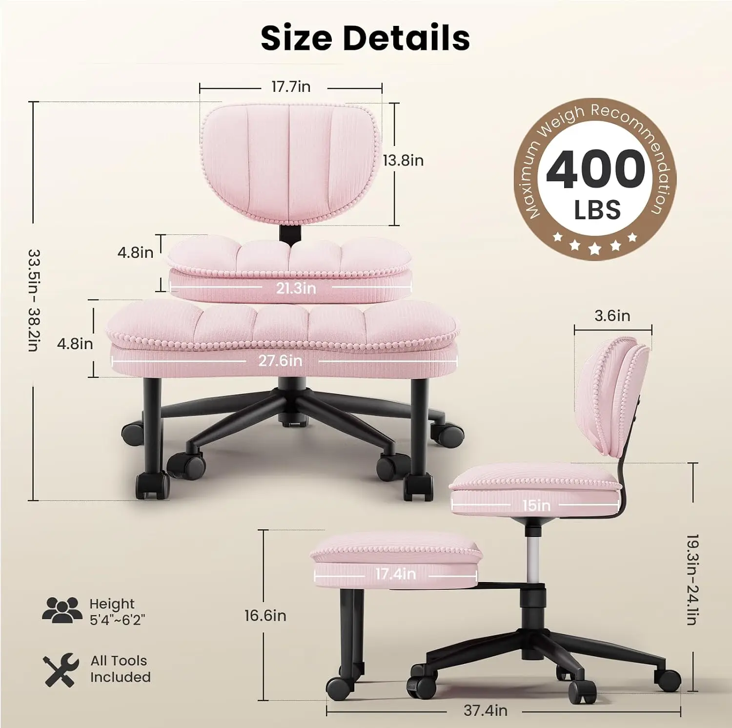 Cross Legged Office Chair with Wheels, Height Adjustable Ergonomic Desk Chair, Wide Cushion & Extended Backrest for Meditation, Kneeling, ADHD Support