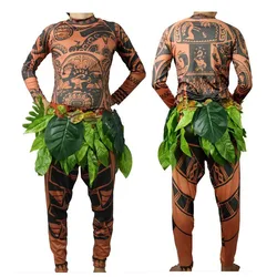 Movie Moana Maui Cosplay Costume Full Sets Halloween Party men Fancy BodySuit Tights Sweatshirt+ Pants +Leaves