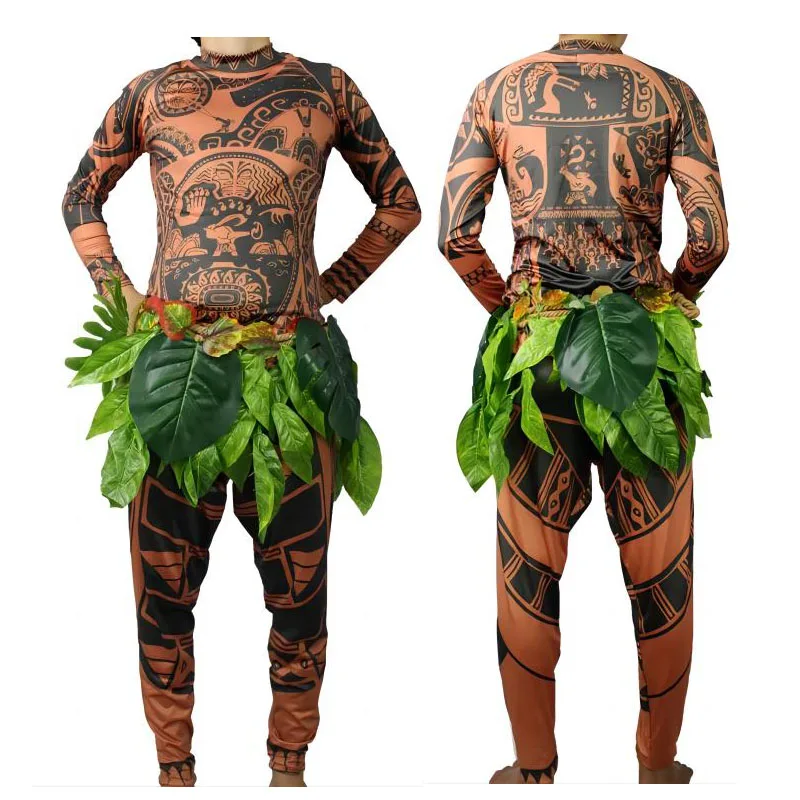 Movie Moana Maui Cosplay Costume Full Sets Halloween Party men Fancy BodySuit Tights Sweatshirt+ Pants +Leaves