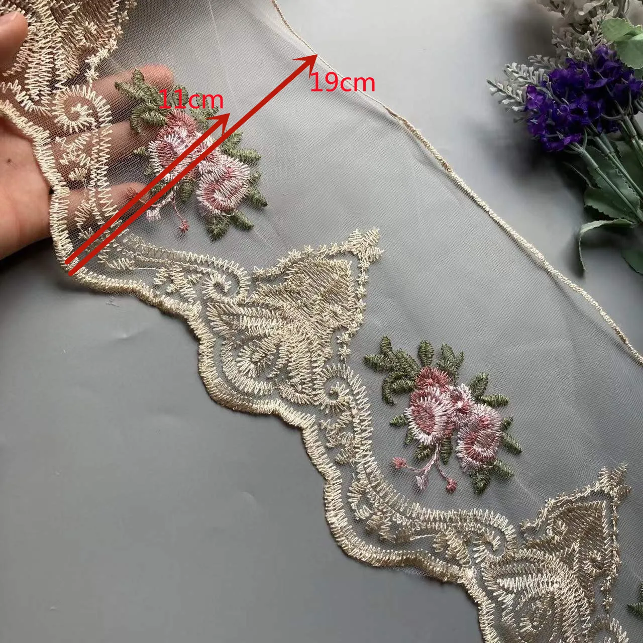 1 yards Beige 19 cm Mesh Embroidered Flower Lace Trims for Sofa Chair Cushion Home Textiles Trimmings Ribbon Sewing Accessories