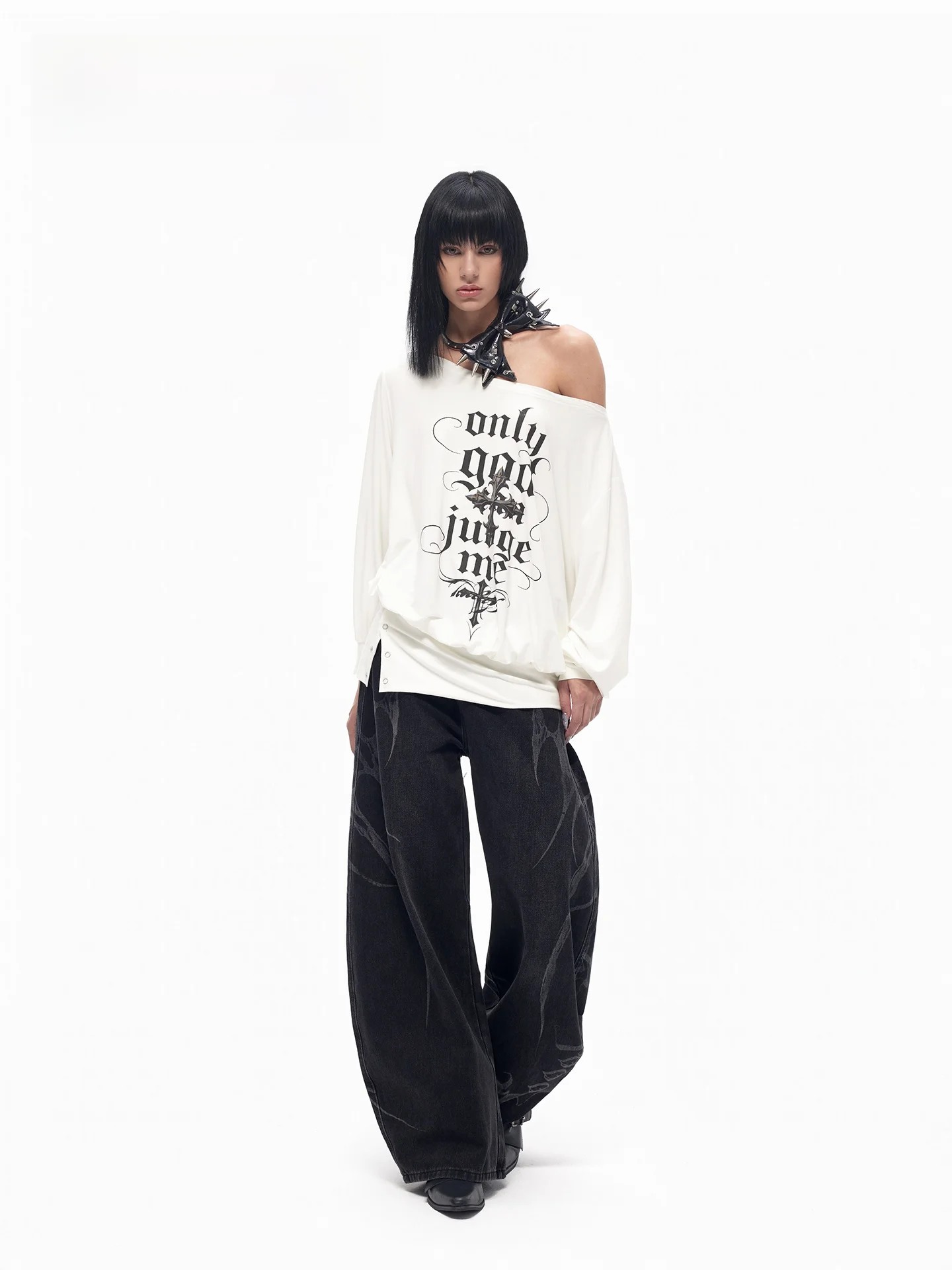 TooLazy Crossbody Long Sleeve T-Shirt Women's Shoulder Bared Creative Letter Print High Waist Loose Fit Polyester Spandex