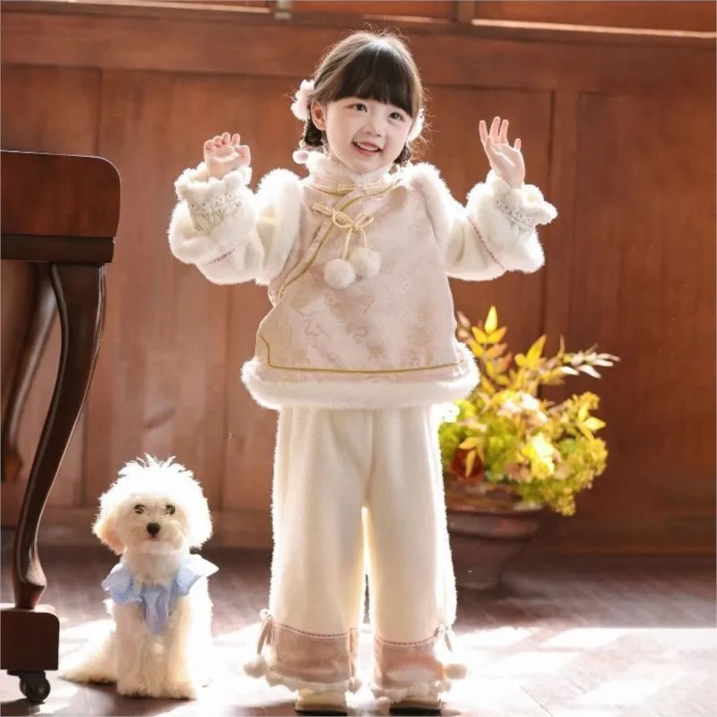 

Китайский зимний костюм Тан Ханфу для девочек, комплект 2026 года, новый детский костюм Тан, топ и штаны, комплект из 2 предметов, новогодняя одежда для малышейLJ041