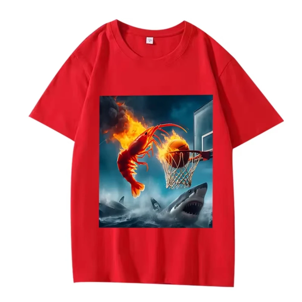 Shrimp Dunking on Shark Graphic Tee Retro Fishing Meme T Shirts Men Short Sleeve Summer Tops Aesthetic Clothes Summer Streetwear