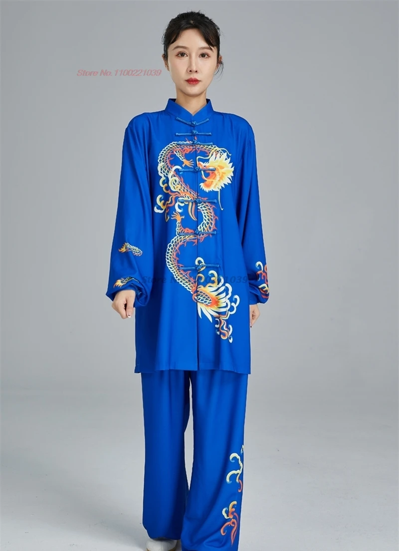 2024 cinese vintage tai chi wushu kungfu top + pantaloni set arti marziali tai chi national dragon print uniform team performance set