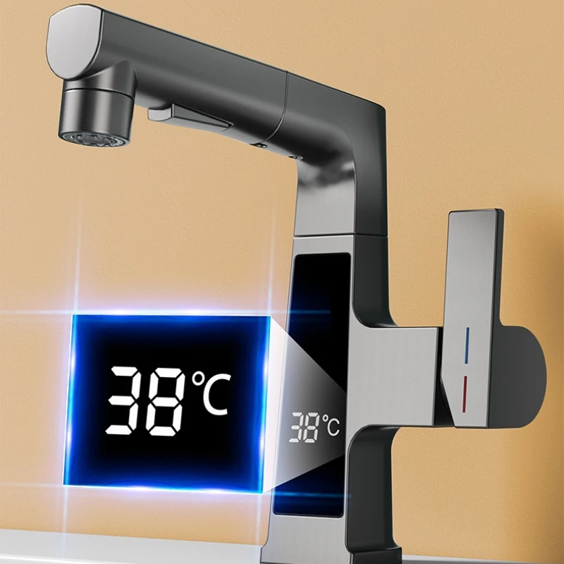 Digital Display Pulling Faucet Intelligent Temperature Sensor Brass Washbasin Taps Rotating Lifting Cold and Hot Water Mixer Tap