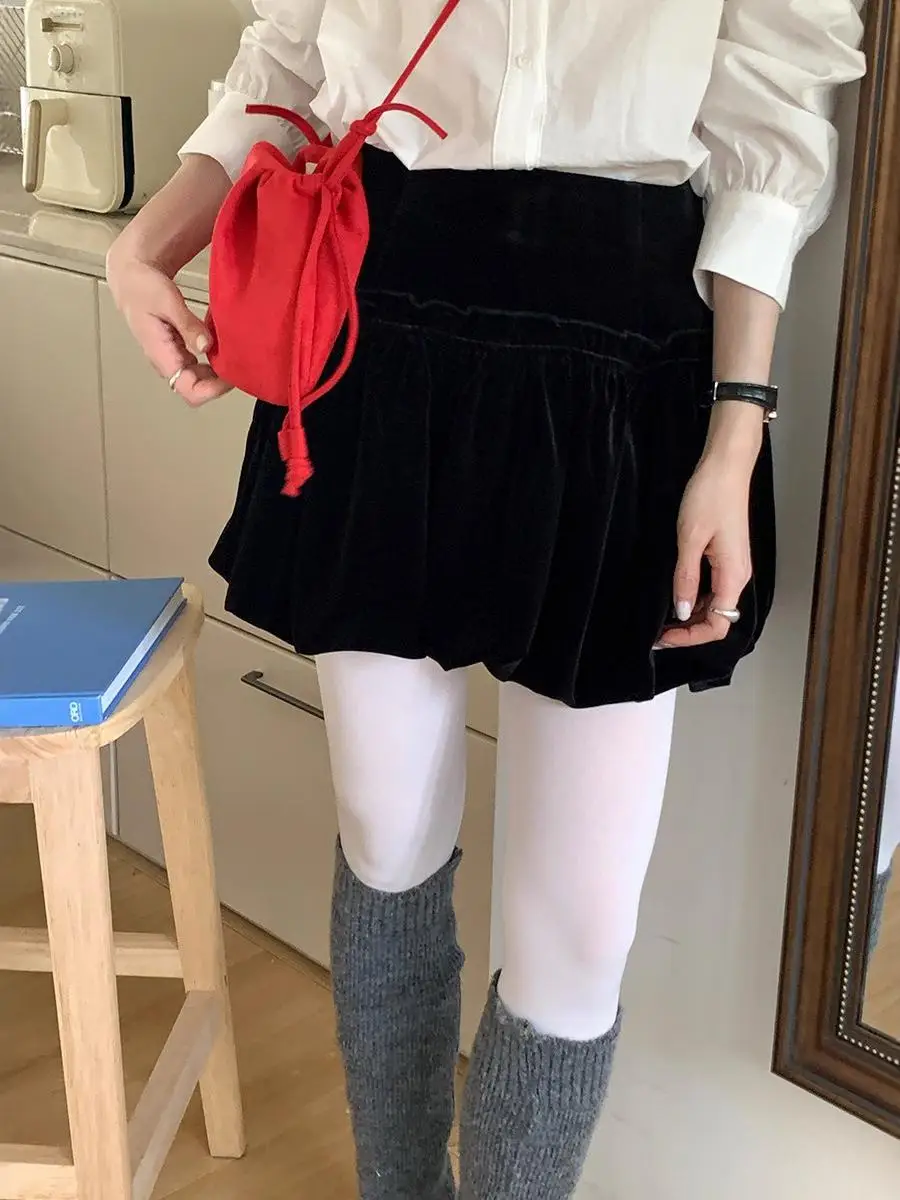 

Женская бархатная юбка с высокой талией в корейском стиле для весны, осени и зимы, прямого кроя, утягивающая, фасона «блумер»