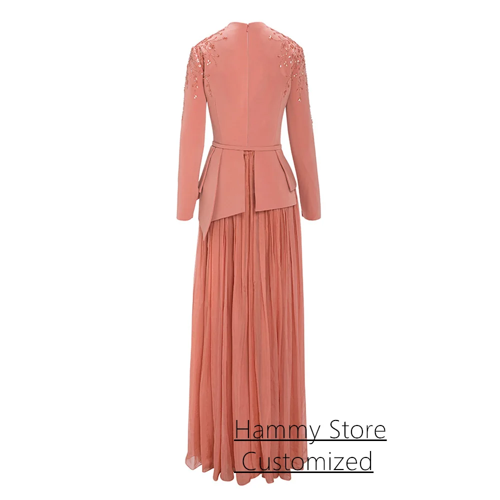 Coral Evening Dress فساتين حفلة موسيقية Customized V Neck Long Sleeve Beading Sequined Wedding Party Gown Arab Prom Dresses image 5