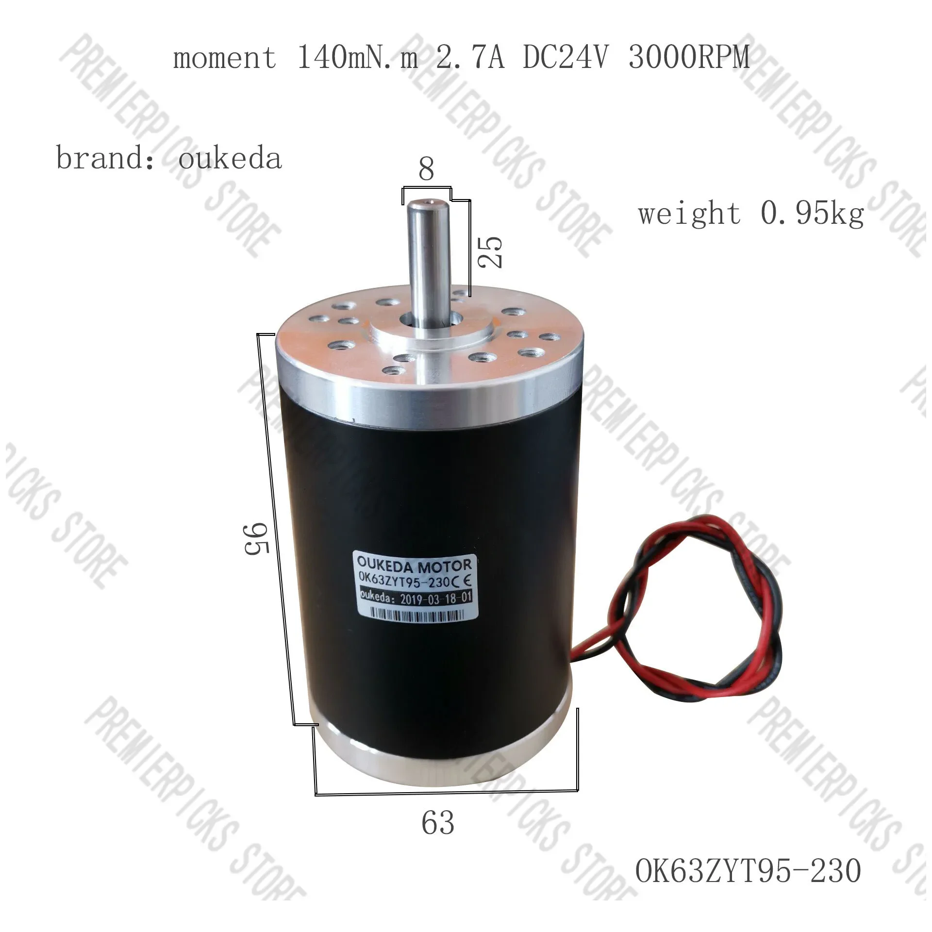 63mm DC Motor 24V 3000 RPM 140mN.m   Brush  2.7A