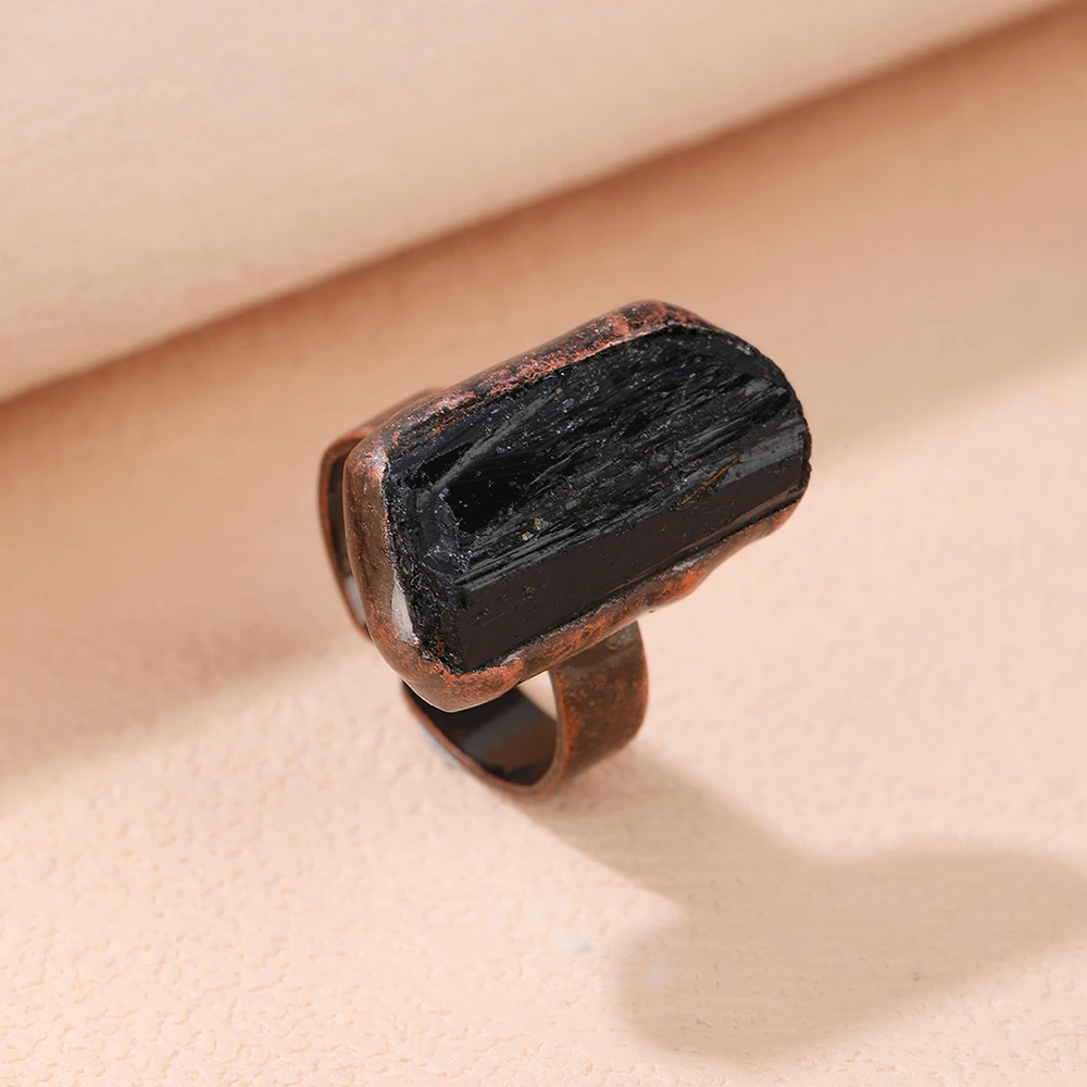 Adjustable Ring Irregular Black Tourmaline Natural Stone Reiki Healing Crystal Bronze Metal Open Rings Gift for Women Jewelry