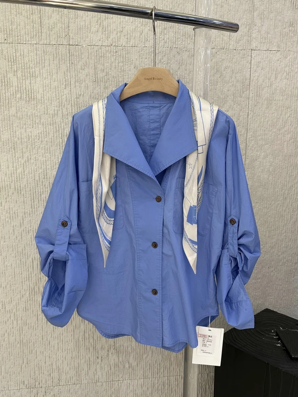 

Spring Summer Women's Shirt Casual Style Slimming Effect Long Sleeve Printed Silk Scarf Stand Collar Single Button Design