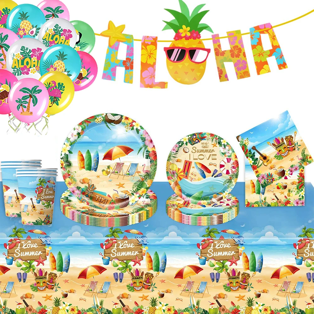 Décorations de fête d'été : Assiettes en papier, gobelets, serviettes, bannière Aloha pour une fête hawaïenne, d'été, de plage ou d'anniversaire – Fournitures de table