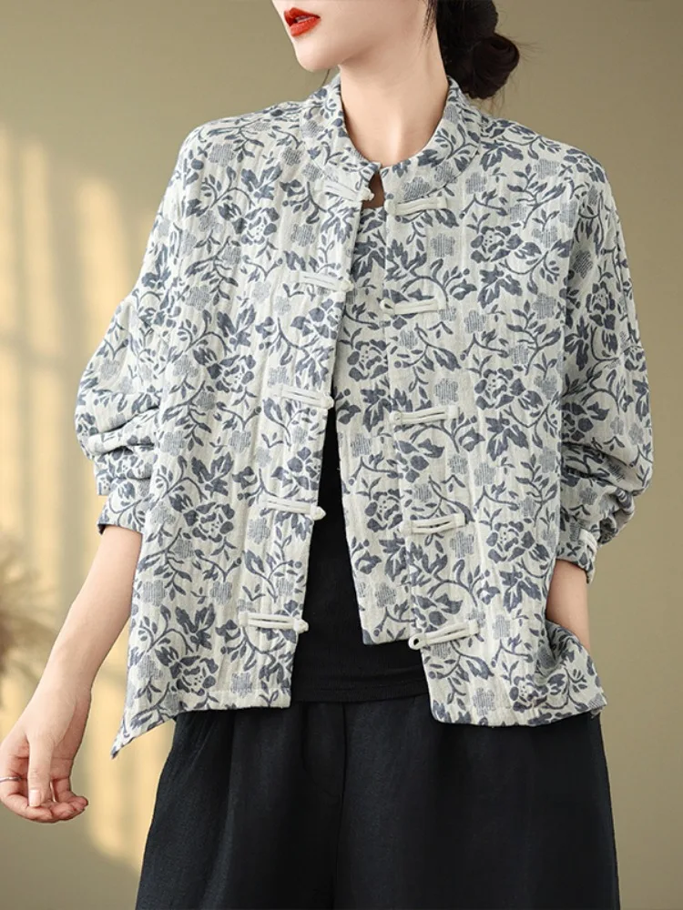 

Spring Autumn ort Jaet Women's Floral Embroidery Stand Collar Long Sve Slimming Top Mom's Retro Buttoned Tang Costume