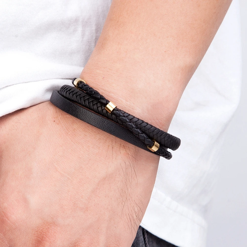 XQNI Three-layer Stainless Steel Stitching Men's Leather Bracelet 3 Color Hand-woven DIY Size Daily Wear Charm Gift Dropshipping