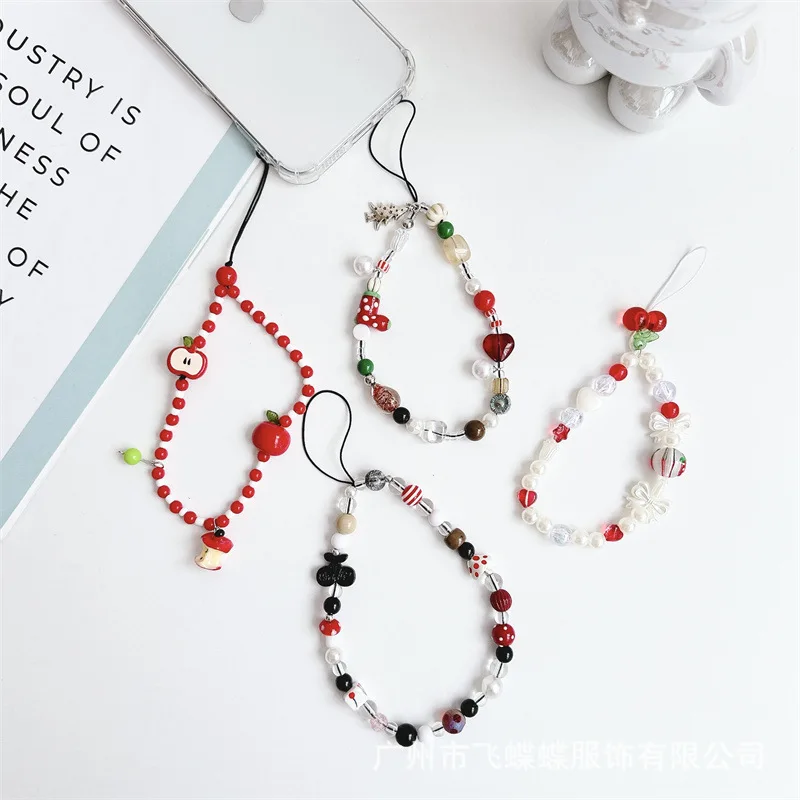 

Ins Red Strawberry Cherry Beaded Phone Lanyard Vintage Camera Strap for CCD