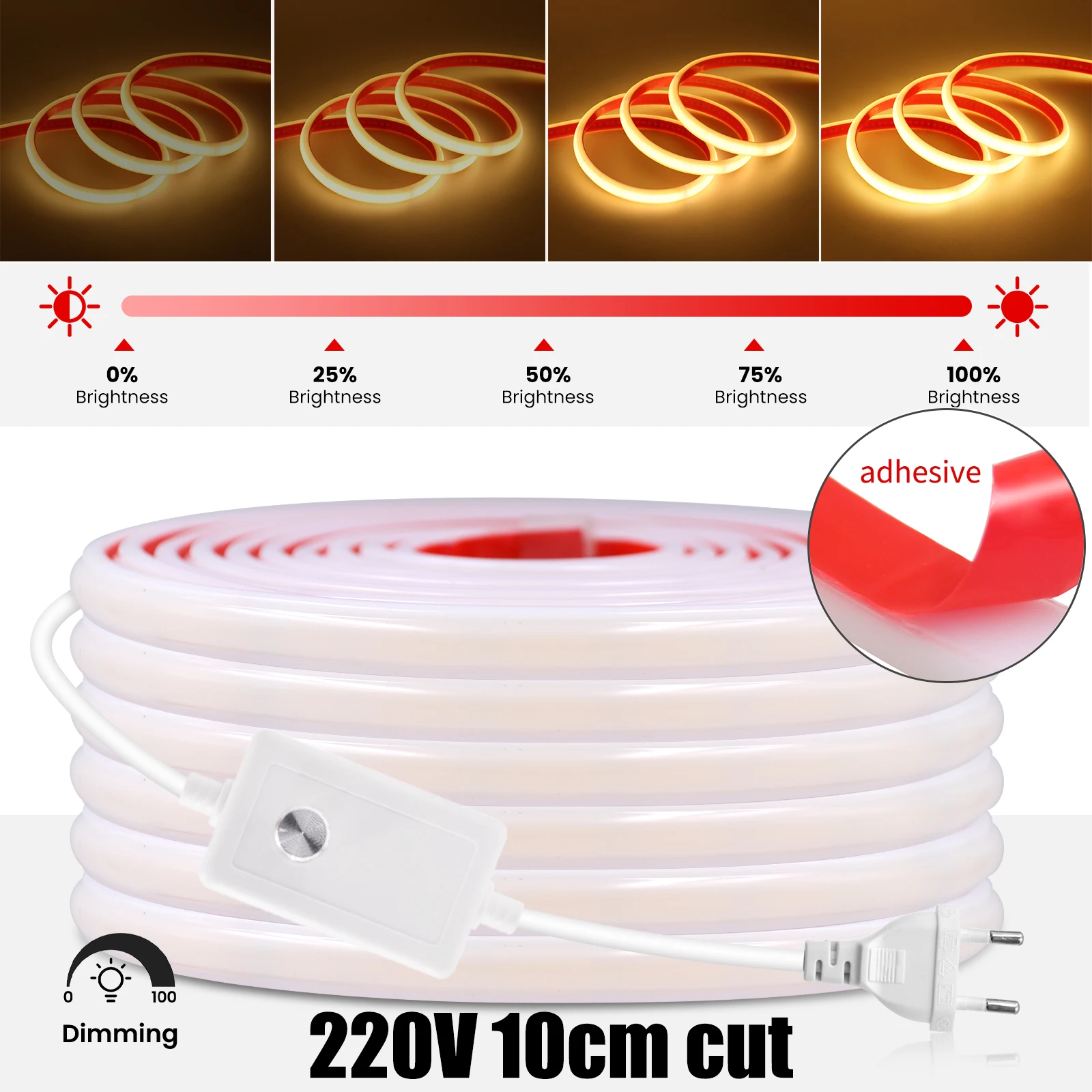 Imagem -02 - Cob Led Neon Strip Light 220v 240leds por m 10cm de Corte Ip65 Impermeável Iluminação Linear Regulável Branco Natural Quente Luz ao ar Livre para Casa