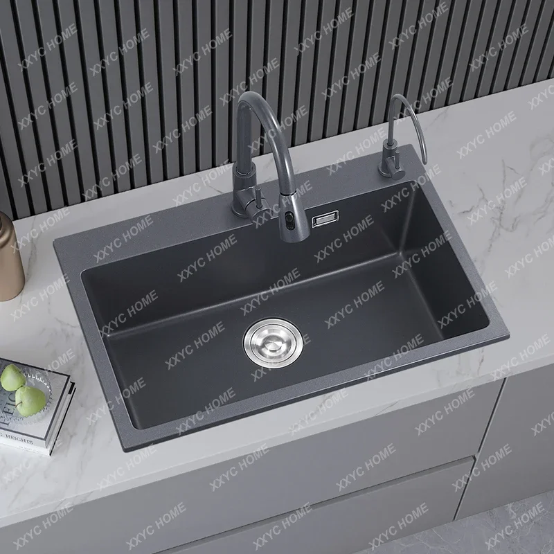 

Серая кварцевая раковина с пистолетом, большая одинарная раковина, кухонный набор для раковины для овощей, гранитная встраиваемая раковина, раковина