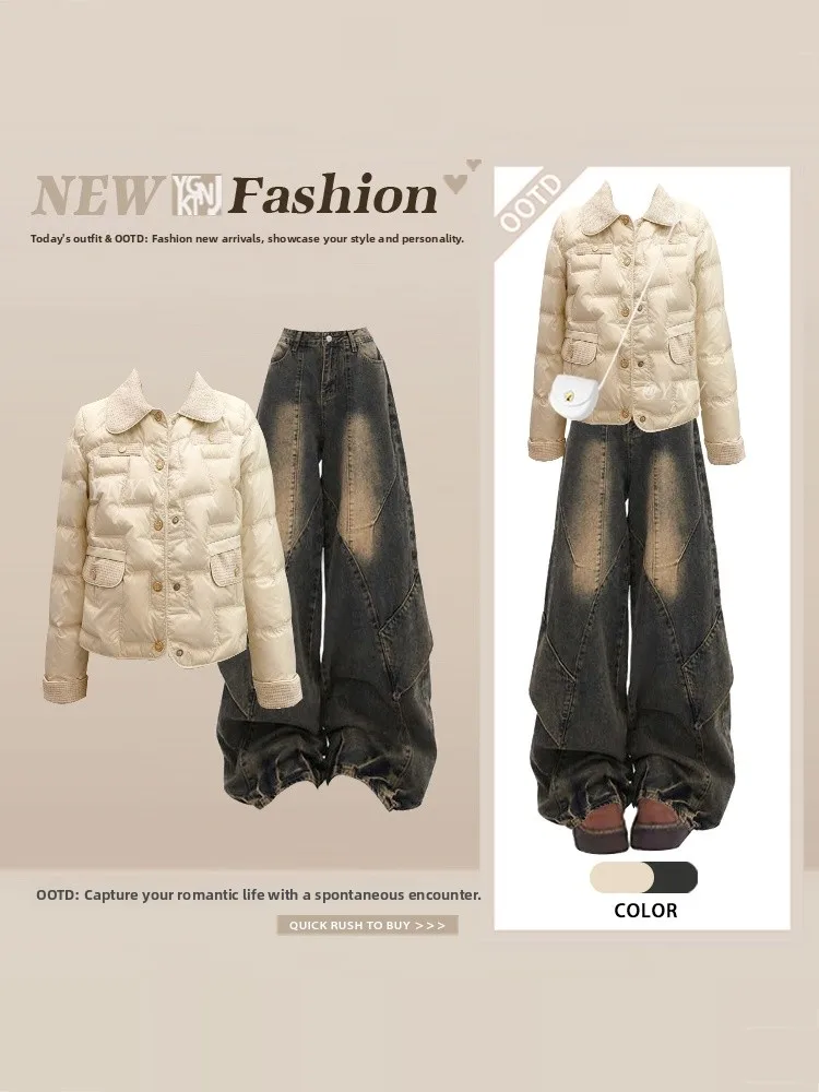 

Ретро Американский осенне-зимний хлопковый джинс с широкими штанинами для похудения Lazy Sle, комплект из двух предметов, брюки с высокой талией, длинный све