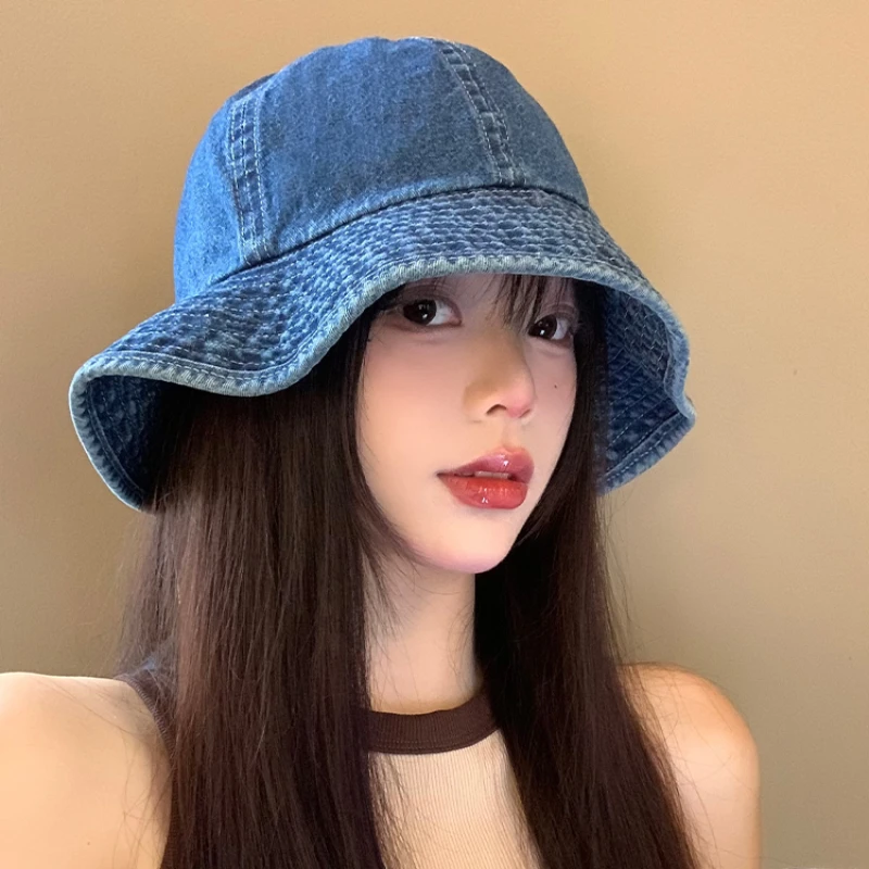 Retro Harajuku Style Denim Bucket Hats for Women Spring and Summer Travel Versatile Fashion Sunscreen Dome Basin Caps Men