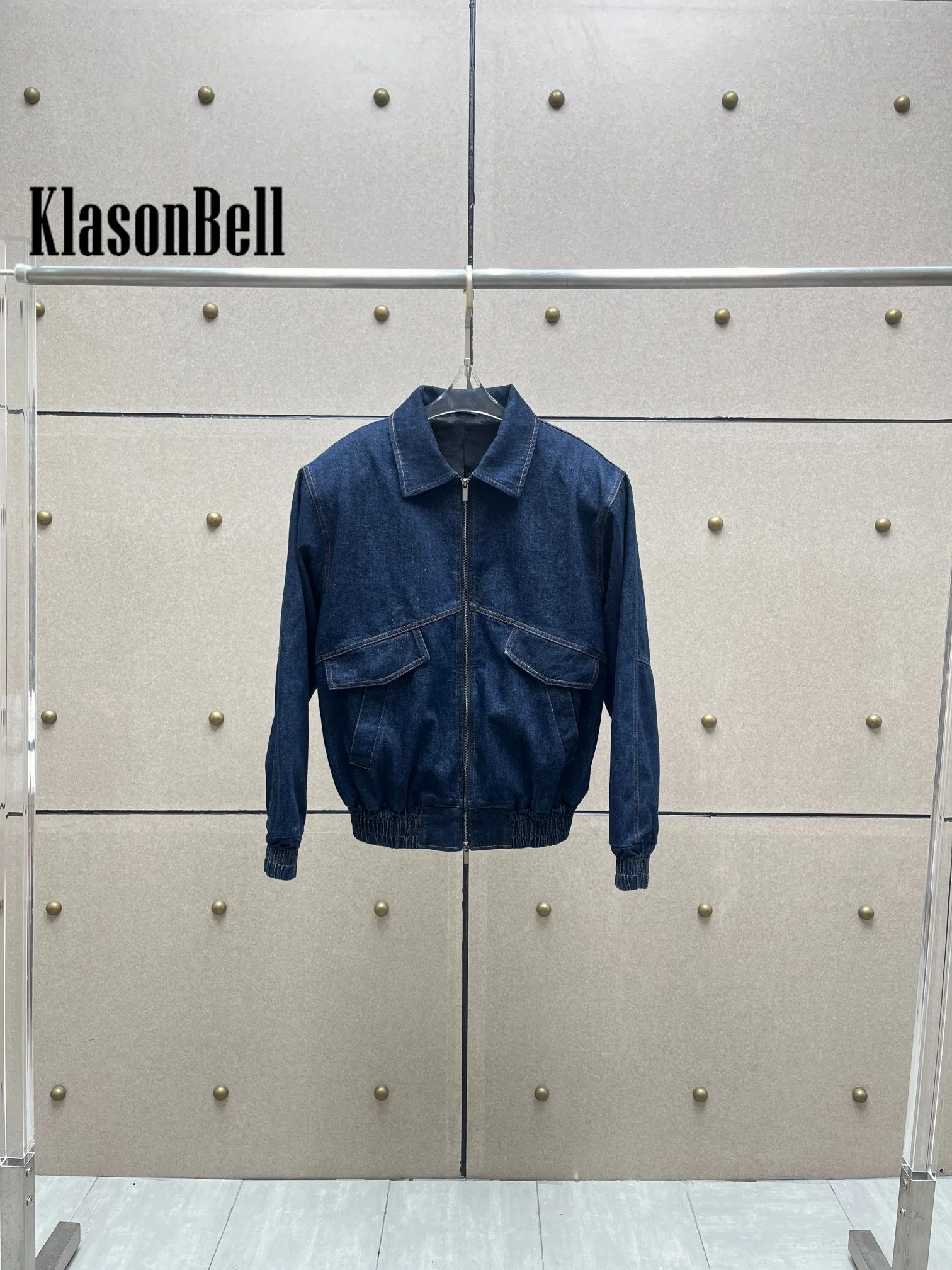 2.19 KlasonBell Spring New Back Embroidery Lapel Double-deck Denim Zipper Jacket Or Pleated High Waist Straight Jeans Set Women