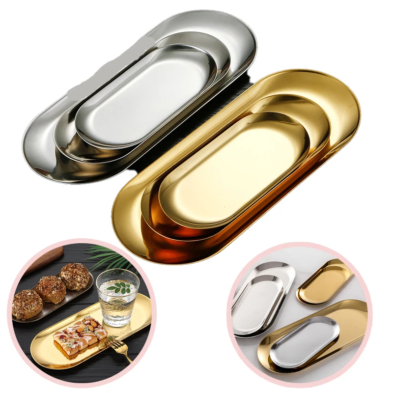 Storage Tray Stainless Steel European Jewelry Metal Cosmetic Storage Oval Cake Fruit Dessert Tray Snack Plate Kitchen Supplies