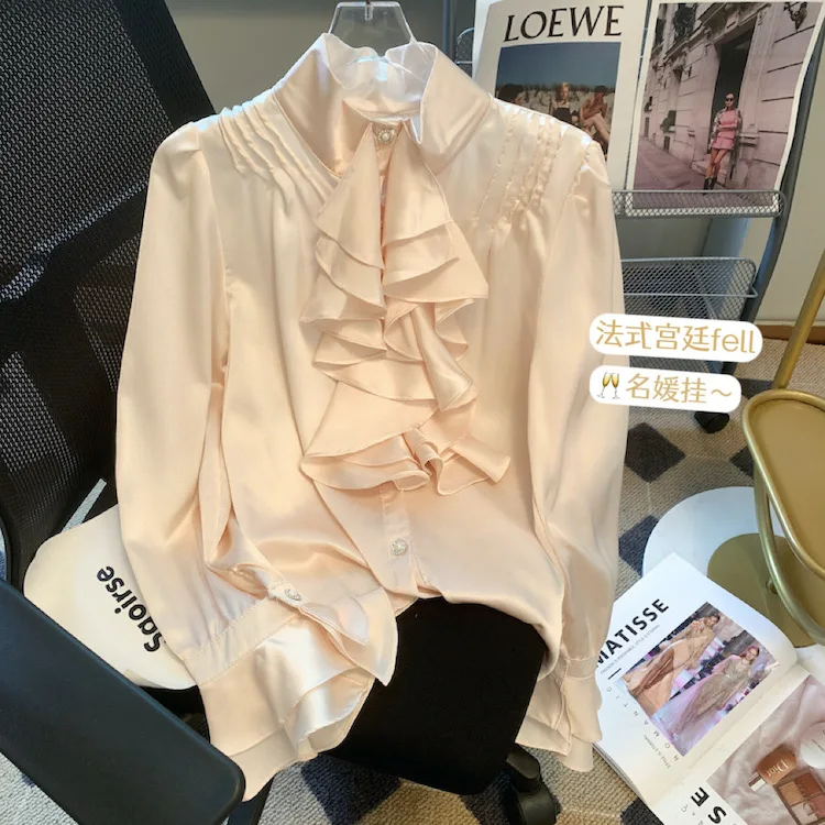 Spring 2023 Single-breasted Women shirt Flare Long Sleeve Ruffles Tops Solid Color Stand collar Office lady Blouse Blusa