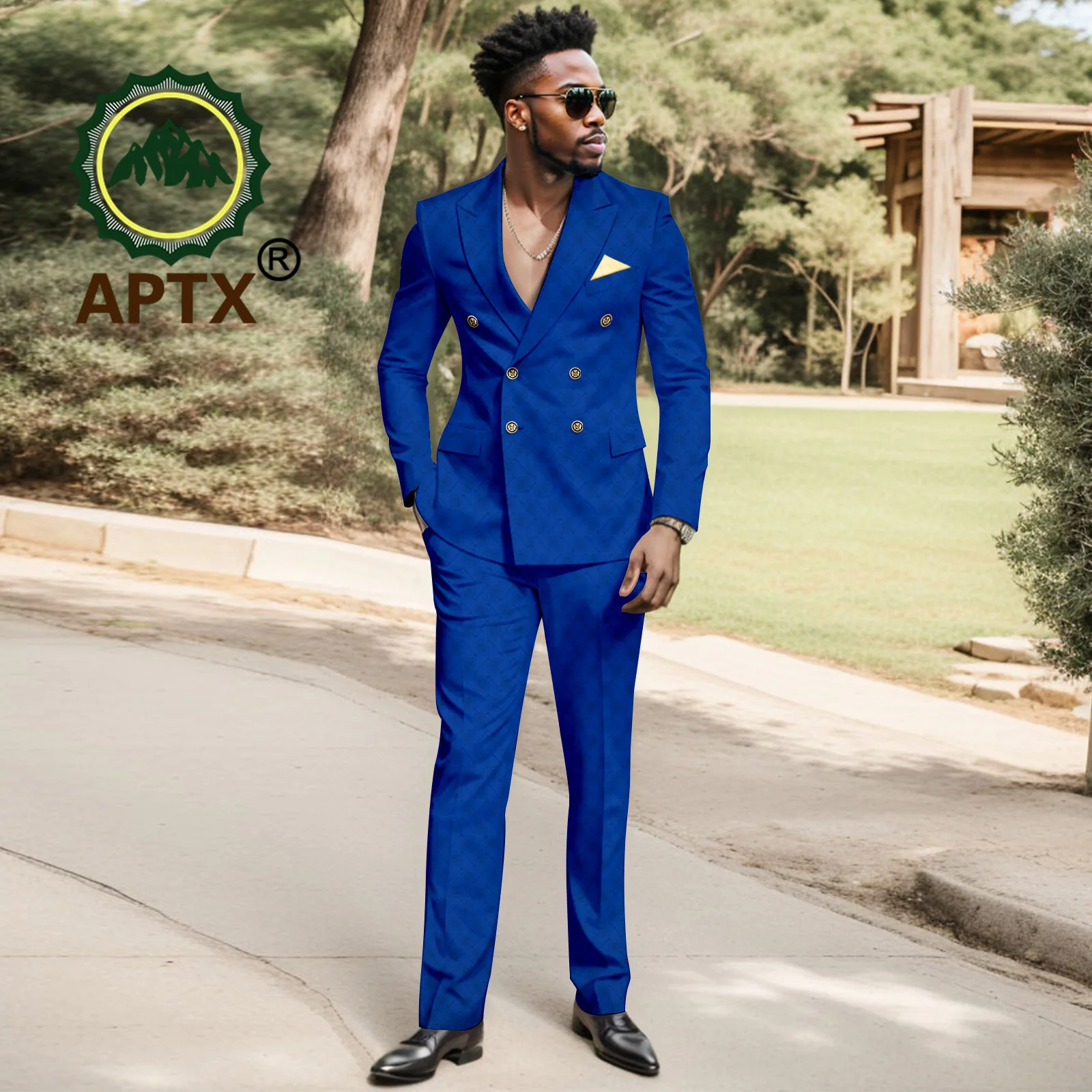 African Clothes for Men Wedding Outfits Business Attire Dashiki V-neck Jacket Blazer Pants with Kerchief Bazin Riche 2416034